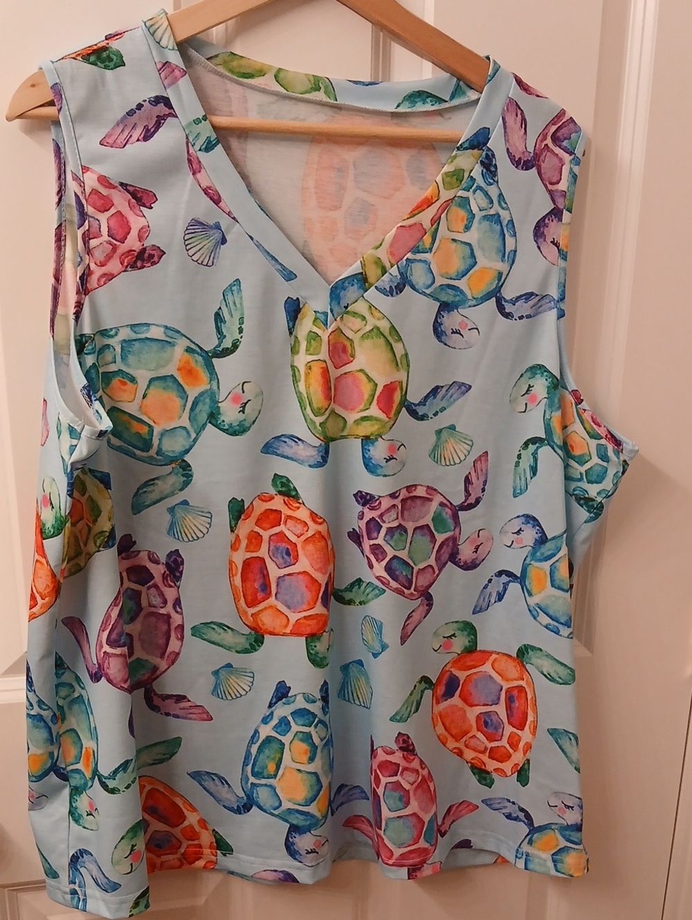 Sleeveless V-Neck Turtle Print Top in Light Blue
